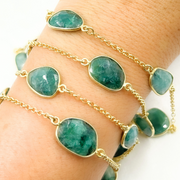 Dyed Emerald Organic Shape Bezel Gold Plated Connected Wire Chain.